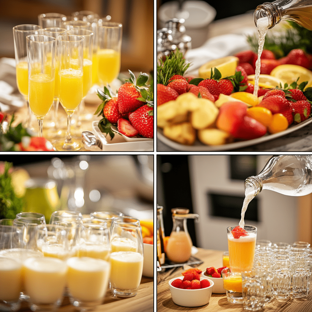 Four-panel collage showing glassware, chilled bottles, juice carafes, garnish bowls, and pouring a bubbly drink