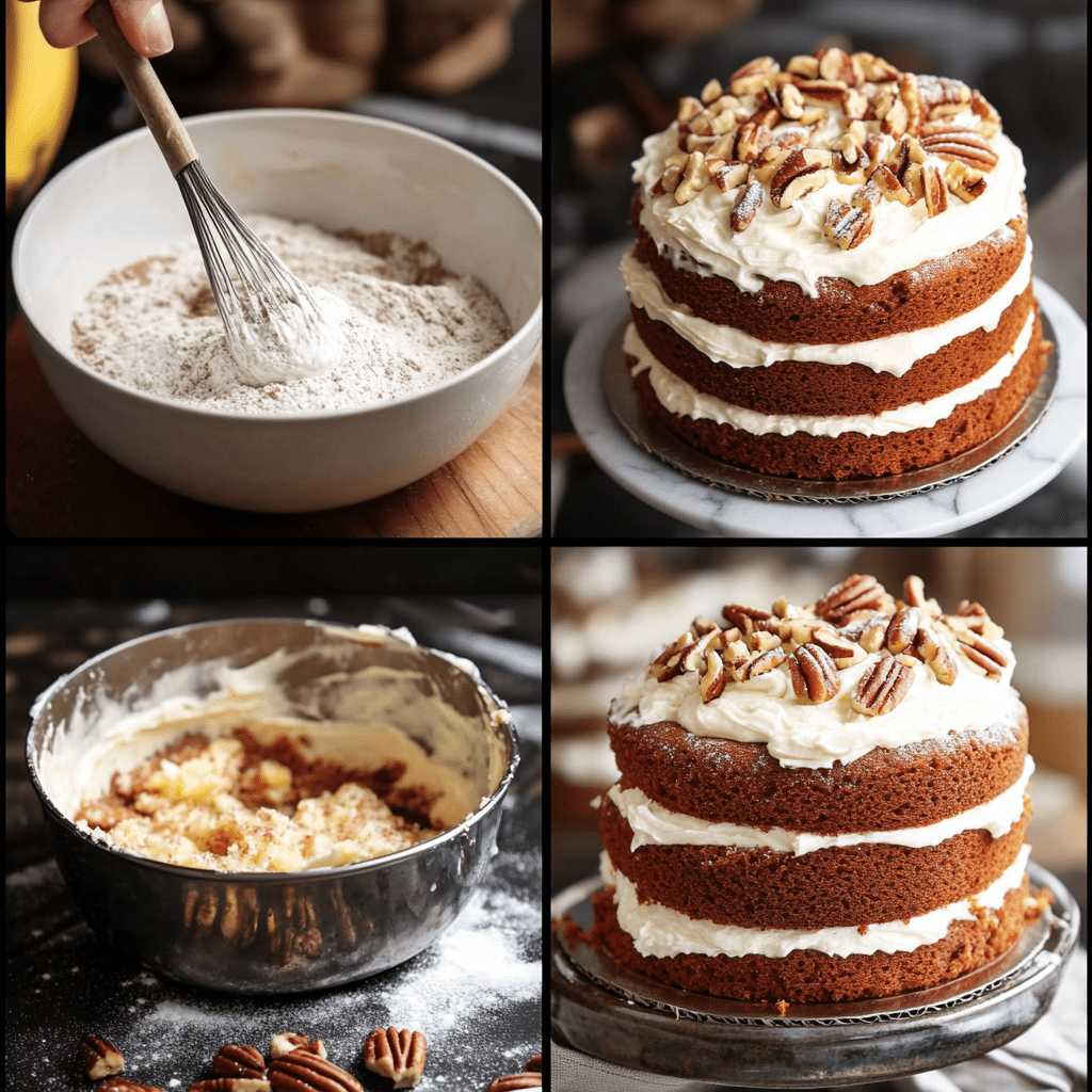 Overhead ingredients for hummingbird cake including bananas, crushed pineapple, flour, sugar, eggs, oil, cinnamon, pecans, and cream cheese frosting ingredients