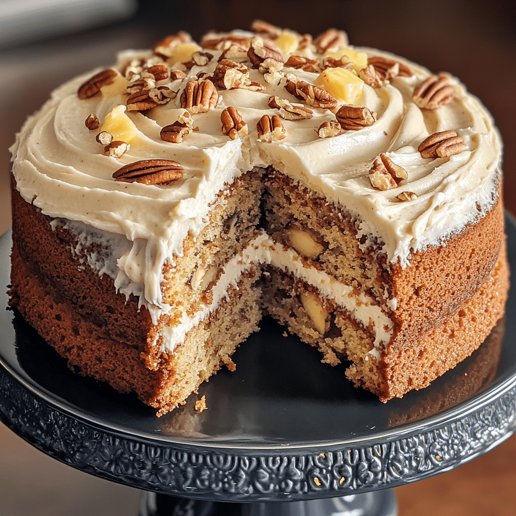 Four-panel collage showing mixing dry ingredients, mixing wet ingredients with fruit, pouring batter into pans, and a finished frosted hummingbird cake topped with pecans