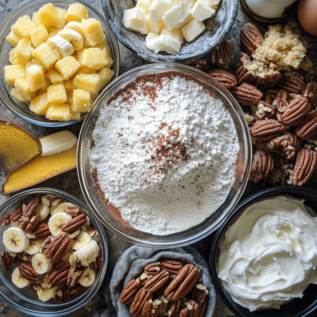 Close-up of hummingbird cake with cream cheese frosting and pecans, slice cut to show moist crumb with fruit bits