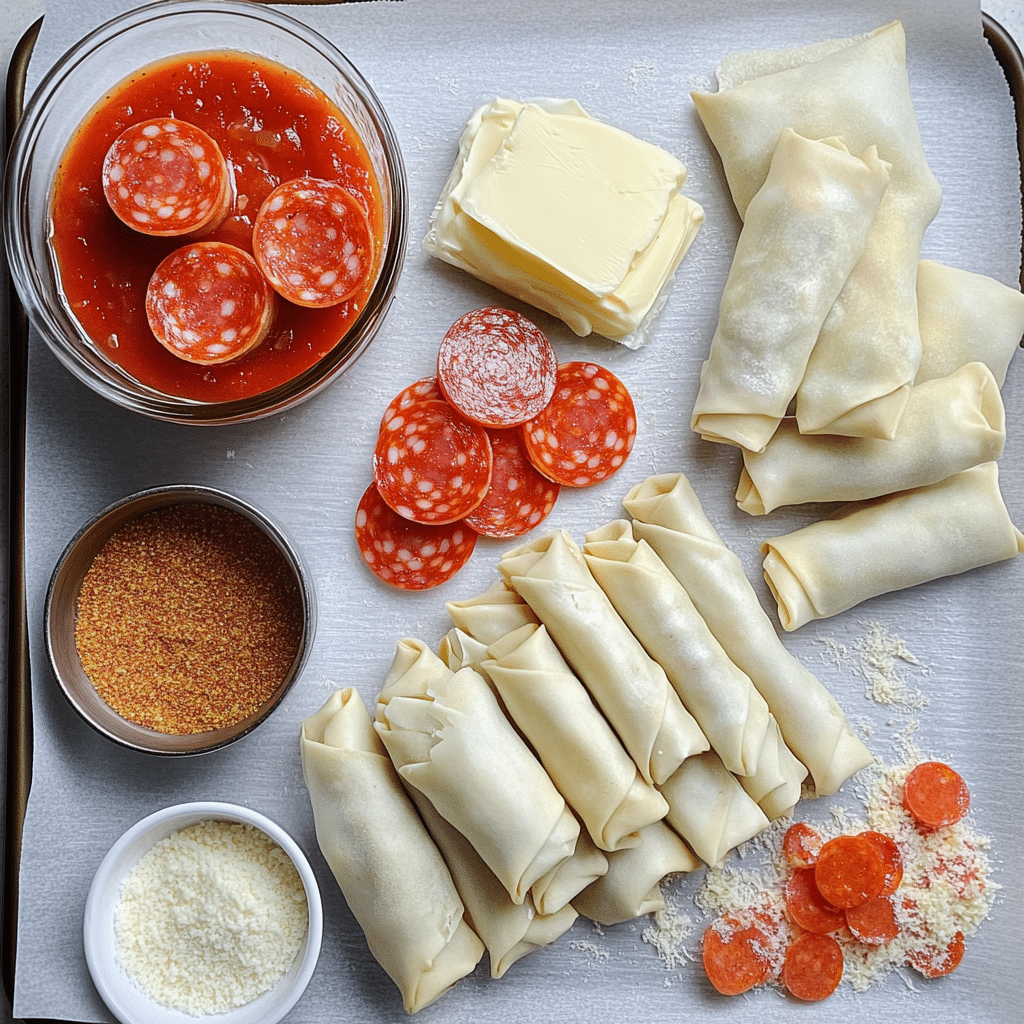 Overhead ingredients for homemade pizza rolls including wrappers, cheese, pepperoni, marinara, and seasonings
