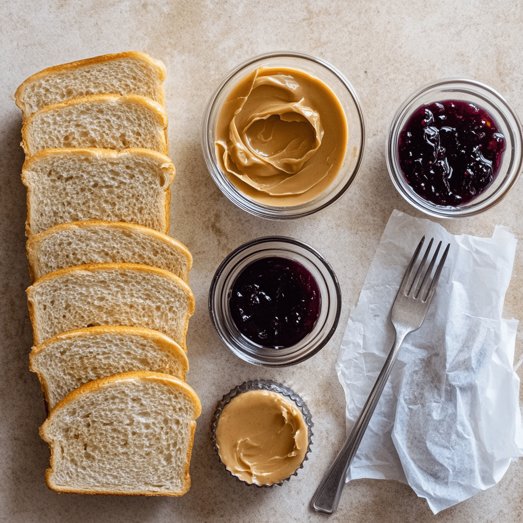 Overhead ingredients and tools for homemade uncrustables including bread, peanut butter, jelly, cutter, and freezer supplies