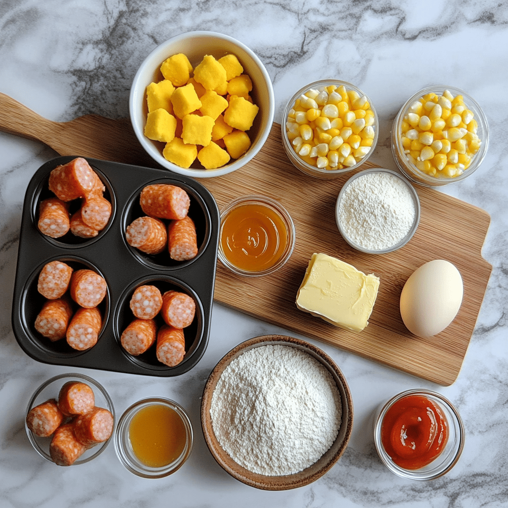 Overhead ingredients for mini corn dog muffins including cornmeal, flour, milk, eggs, honey, butter, and diced sausage pieces