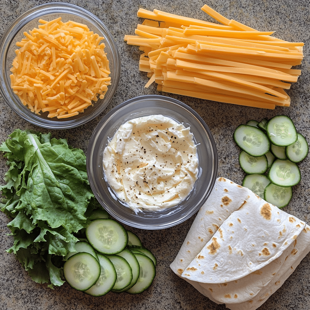 Overhead ingredients for turkey cheese pinwheels including tortillas, cream cheese, turkey, cheddar, and greens