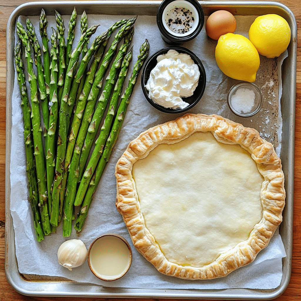 Ingredients for asparagus tart including puff pastry asparagus cheeses lemon and egg wash