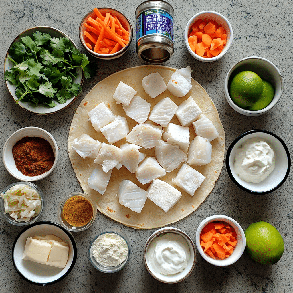 Baja fish taco ingredients including fish, tortillas, cabbage, limes, flour, spices, and creamy sauce ingredients