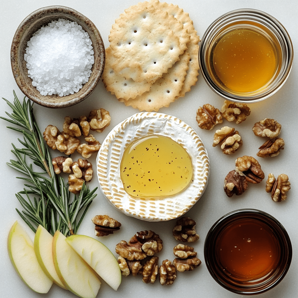 Ingredients for baked brie with honey and walnuts including brie wheel, honey, walnuts, herbs, and crackers