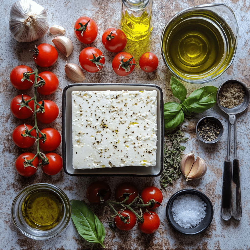 Ingredients for baked feta pasta including feta cheese, cherry tomatoes, olive oil, garlic, pasta, and fresh basil