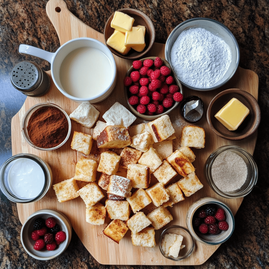 Ingredients for baked French toast casserole including bread cubes, eggs, milk, cinnamon, sugar, butter, and berries