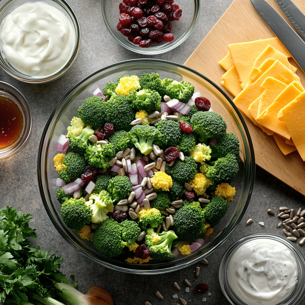 Ingredients for broccoli salad including broccoli sunflower seeds cranberries red onion cheddar and dressing items