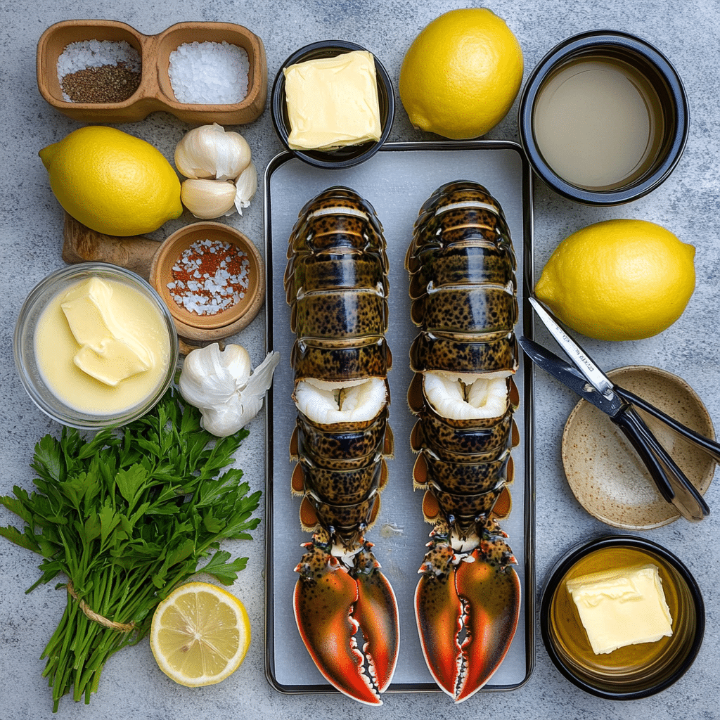 Ingredients for lobster tails including lobster, butter, garlic, lemon, parsley, and seasonings