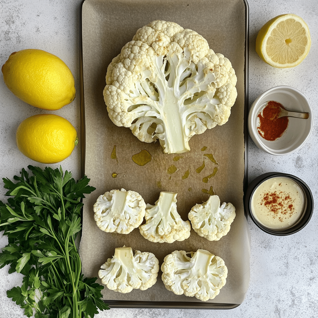 Ingredients for cauliflower steaks including cauliflower olive oil garlic spices lemon and herbs