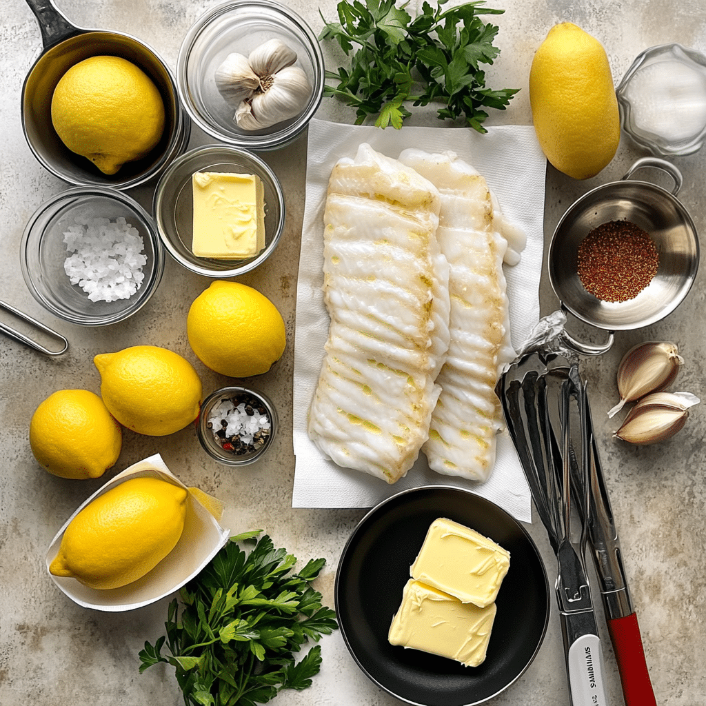 Cod with lemon and butter sauce in a skillet with parsley and lemon wedges