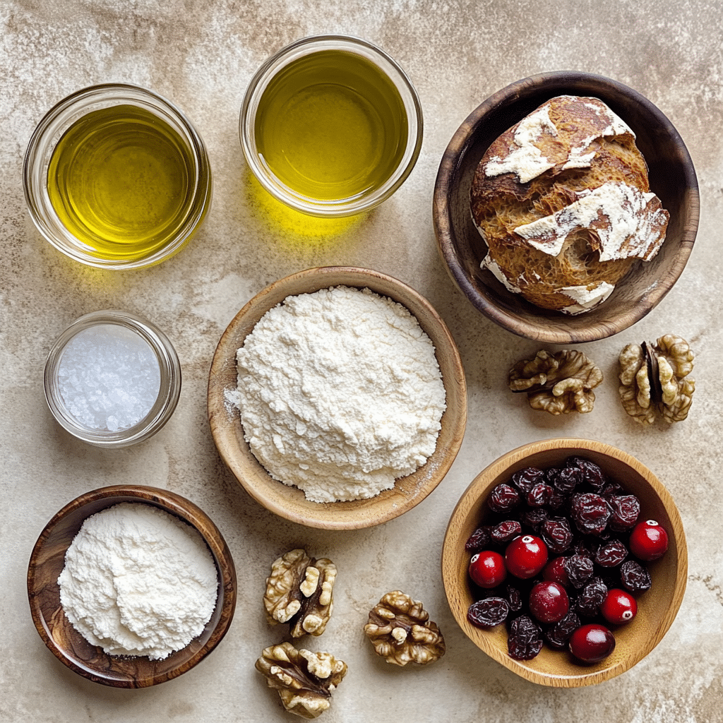 Ingredients for cranberry walnut sourdough including sourdough starter, dried cranberries, and walnuts