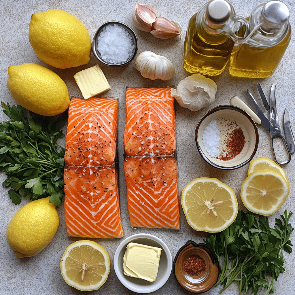Ingredients for grilled salmon including salmon fillets, lemons, garlic, butter, herbs, and seasonings