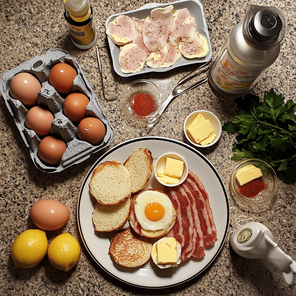 Eggs Benedict ingredients including English muffins, eggs, Canadian bacon, butter, lemon, and seasonings