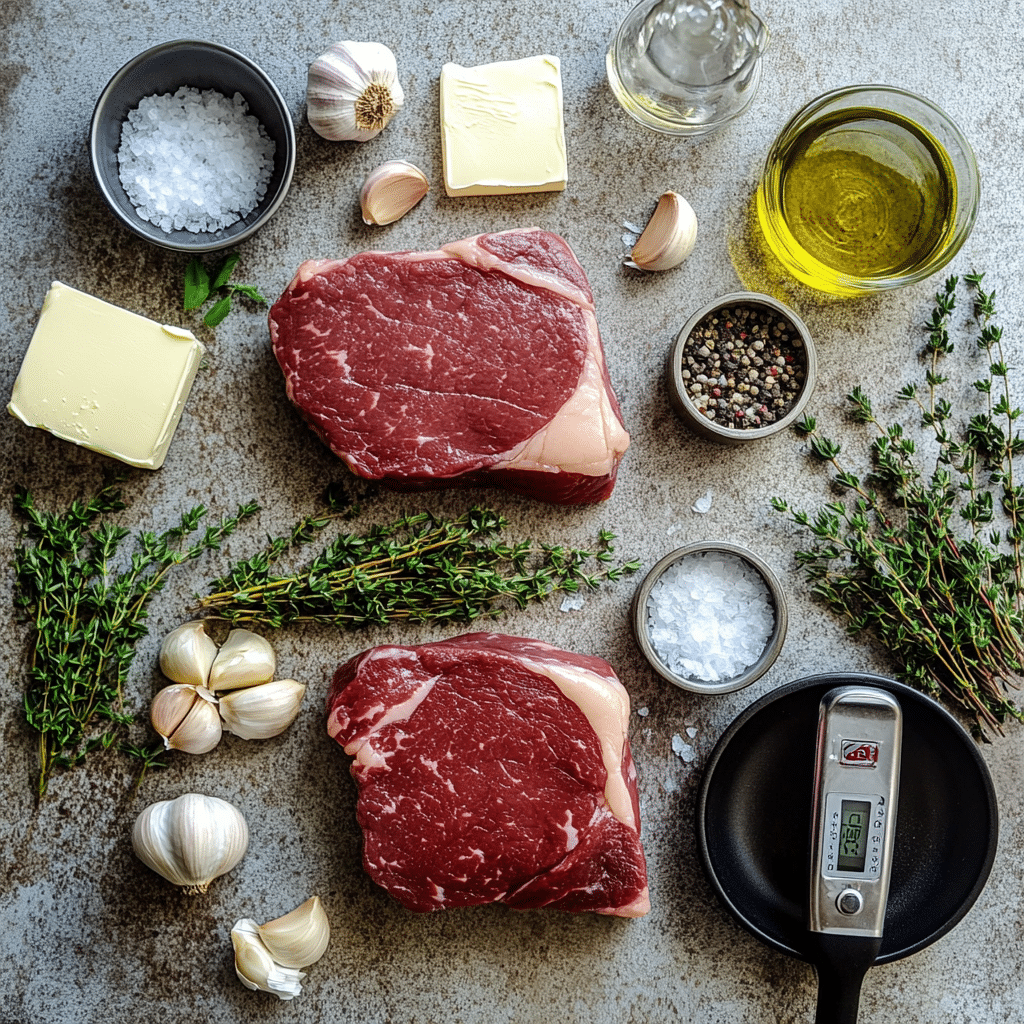 Filet mignon, garlic, butter, fresh herbs, and seasonings