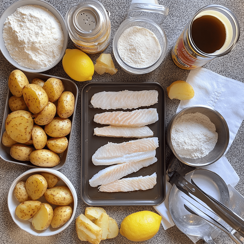 Ingredients for fish and chips including fish, potatoes, flour, cornstarch, soda water, lemon, and seasonings