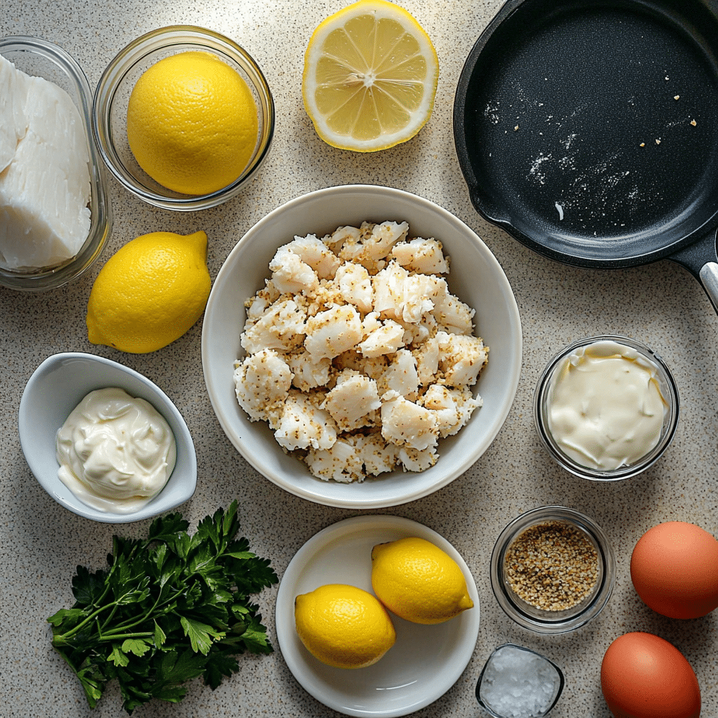 Ingredients for crab cakes including lump crab, mayonnaise, egg, breadcrumbs, lemon, and seasonings