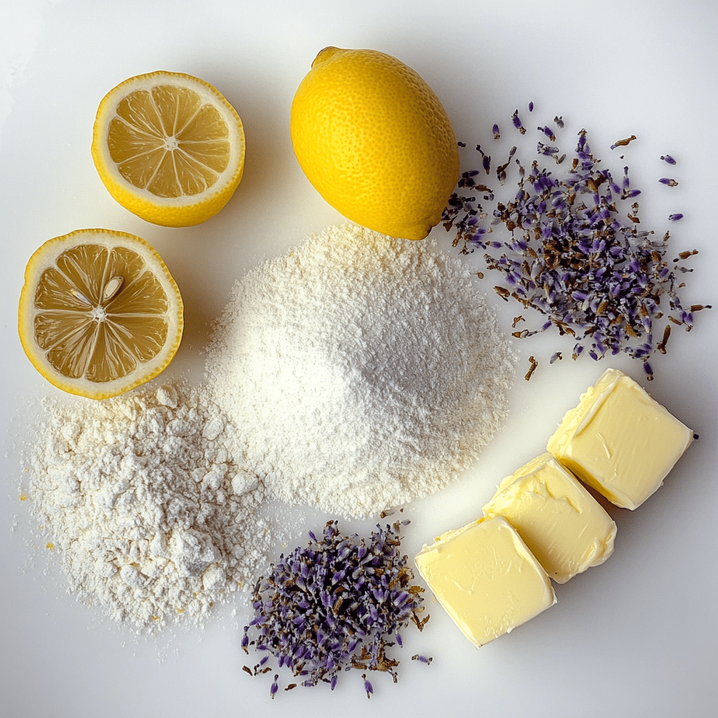 Ingredients for lavender lemon cake, including dried lavender, lemon zest, and butter