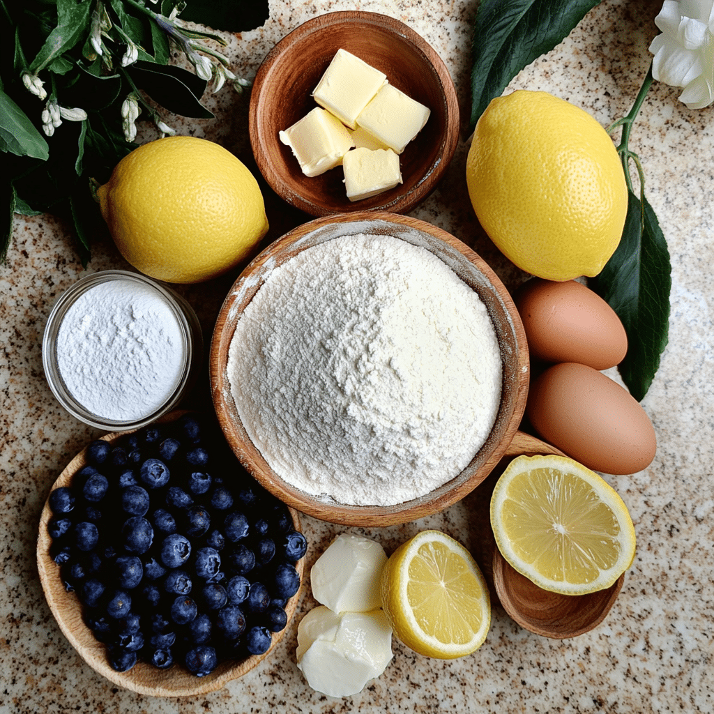 Ingredients for lemon blueberry bread including blueberries, lemons, sugar, flour, and eggs