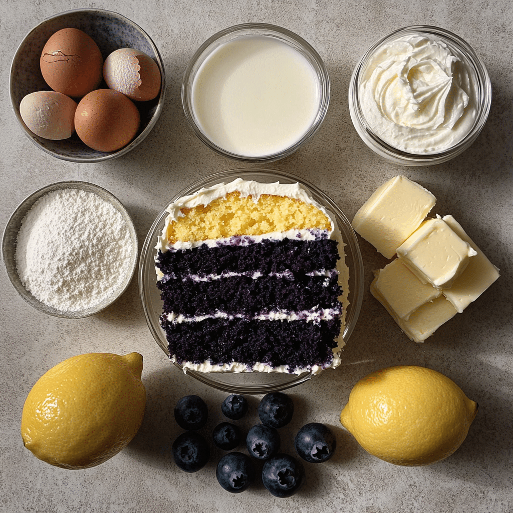 Ingredients for lemon blueberry layer cake including flour, butter, eggs, blueberries, and lemons