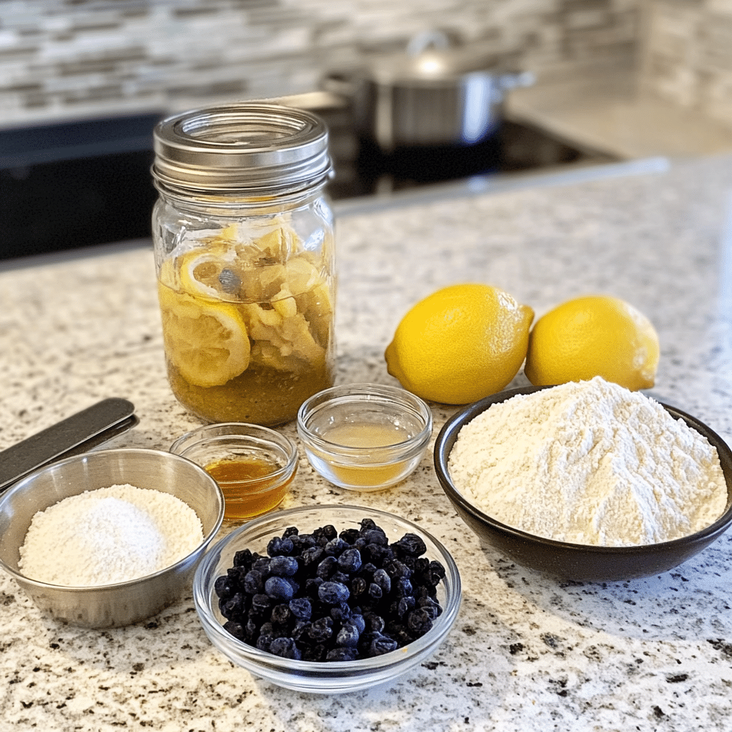 Ingredients for lemon blueberry sourdough bread including sourdough starter, flour, water, lemon, and blueberries