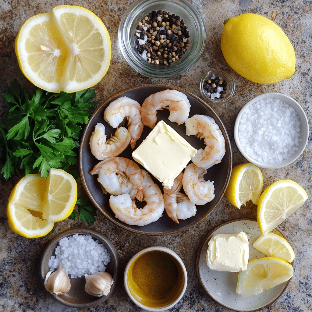 Shrimp, garlic, butter, lemon, parsley, and spices for lemon garlic butter shrimp