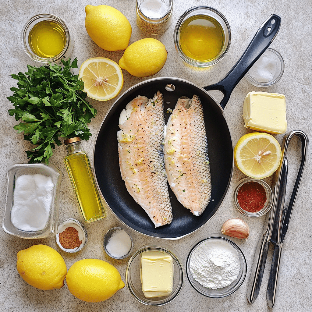 Ingredients for lemon garlic tilapia including tilapia fillets, lemon, garlic, butter, herbs, and seasonings