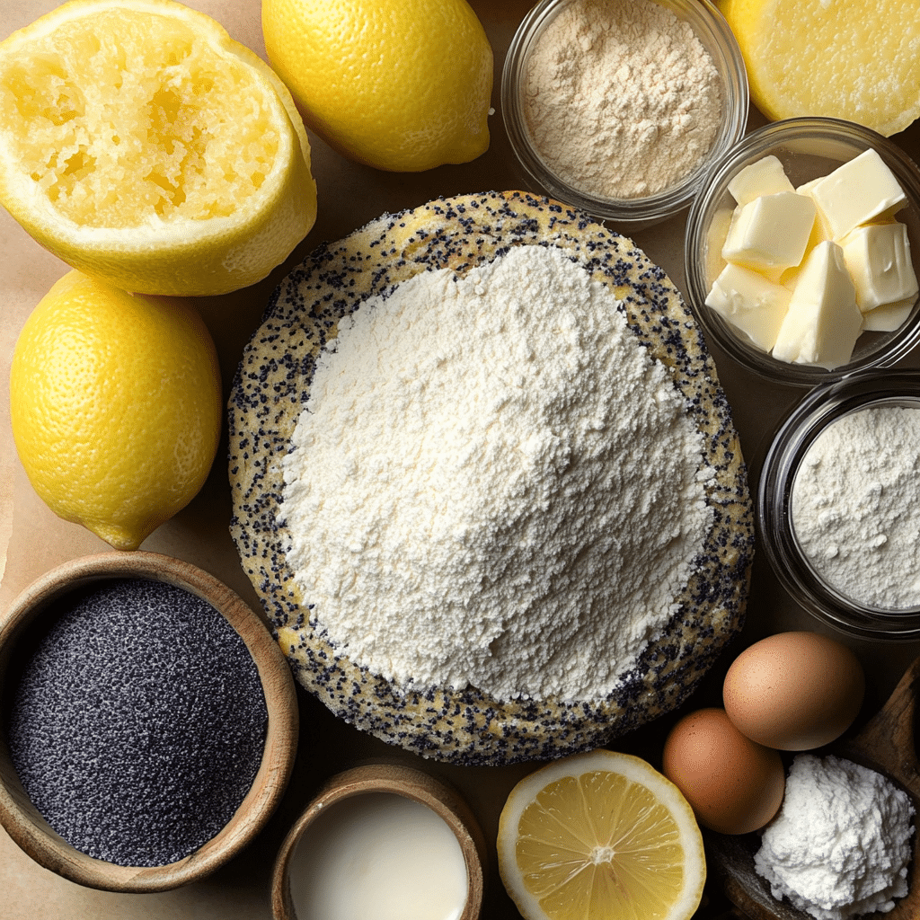 Ingredients for lemon poppy seed bread including lemons, butter, flour, sugar, and poppy seeds