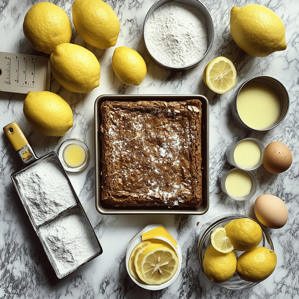 Ingredients for lemonies including lemons, butter, sugar, eggs, flour and powdered sugar on a counter