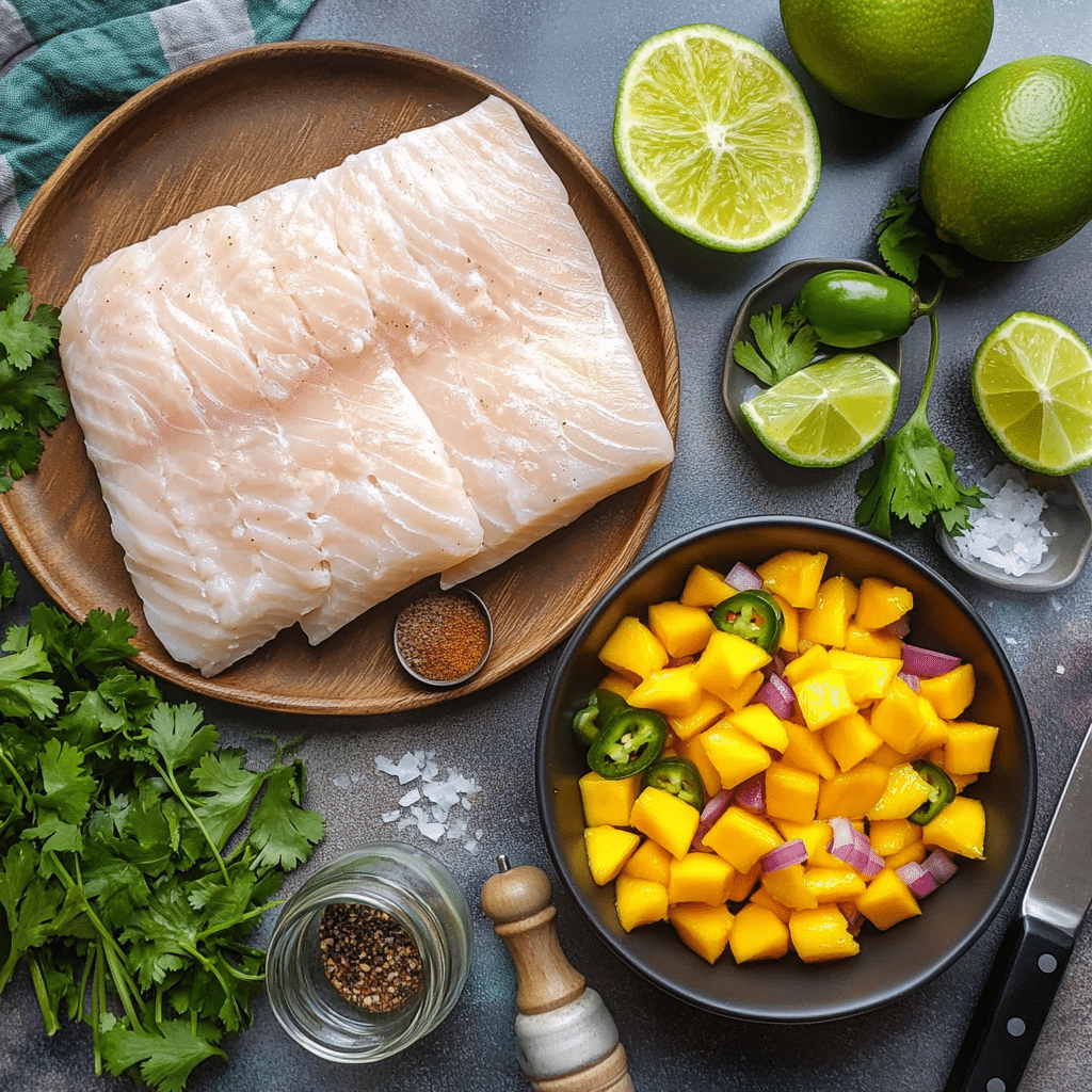 Ingredients for mahi mahi with mango salsa laid out on a counter