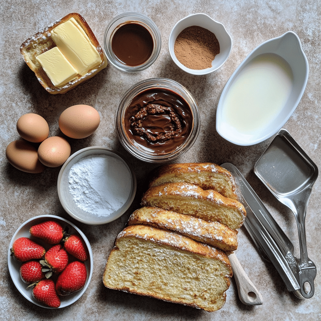 Ingredients for Nutella stuffed French toast including brioche, Nutella, eggs, milk, cinnamon, butter, and berries