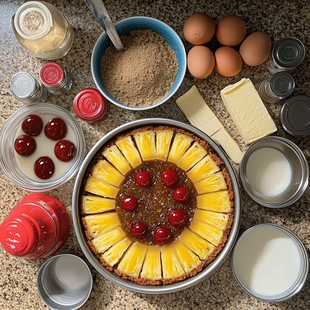 Baking ingredients for pineapple upside down cake including pineapple rings, brown sugar, butter, flour, eggs, milk, and cherries