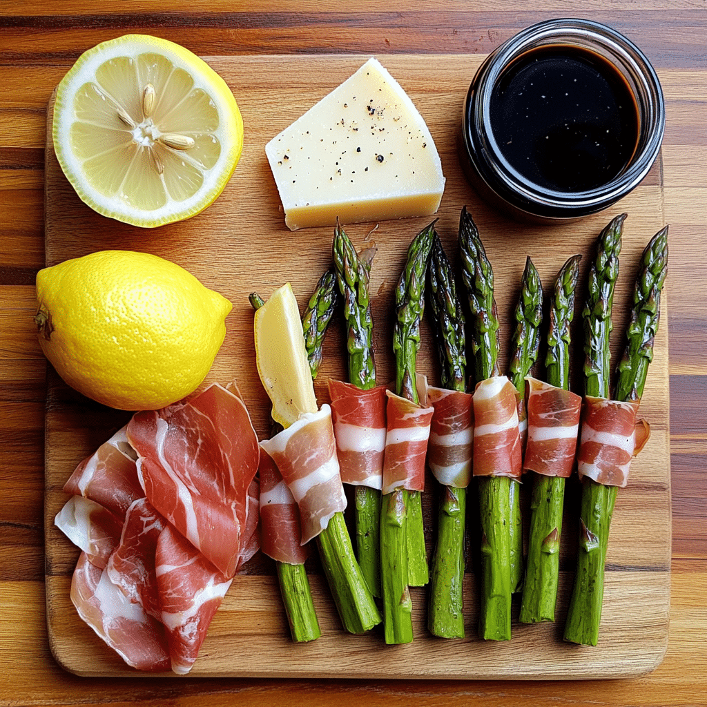 Ingredients laid out for prosciutto wrapped asparagus including asparagus, prosciutto, lemon, parmesan, olive oil, pepper, and balsamic glaze