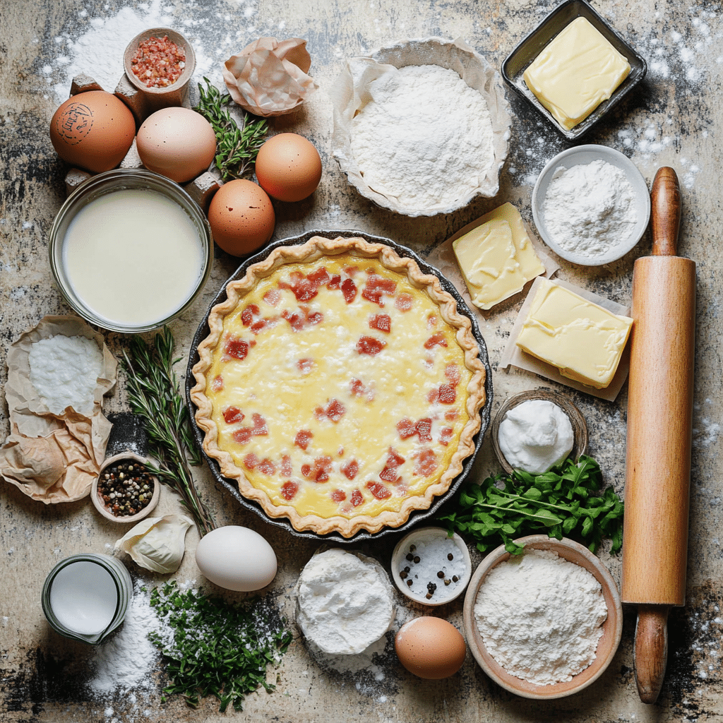 Eggs, bacon, cheese, and other ingredients for quiche lorraine