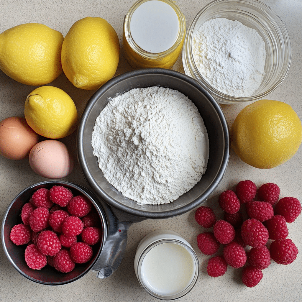 Ingredients for raspberry lemonade cake including lemons, raspberries, flour, sugar, eggs, milk and powdered sugar
