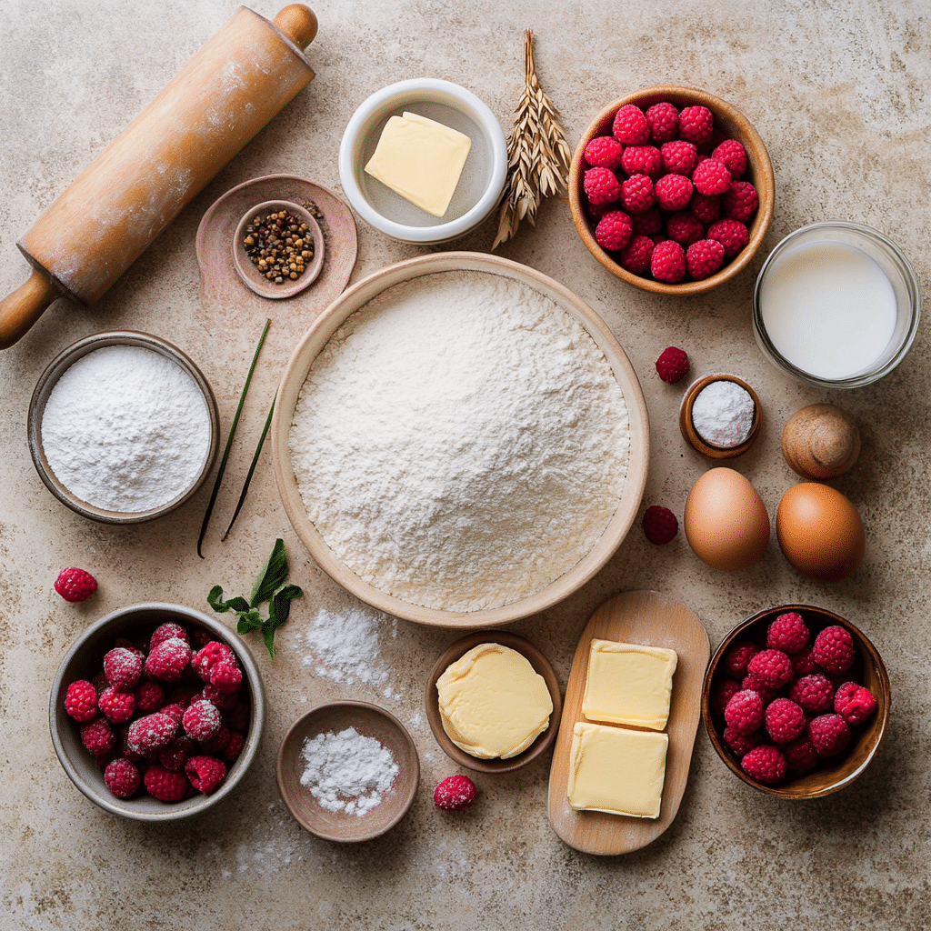 Flour, sugar, yeast, raspberries, butter, and other ingredients for raspberry sweet rolls