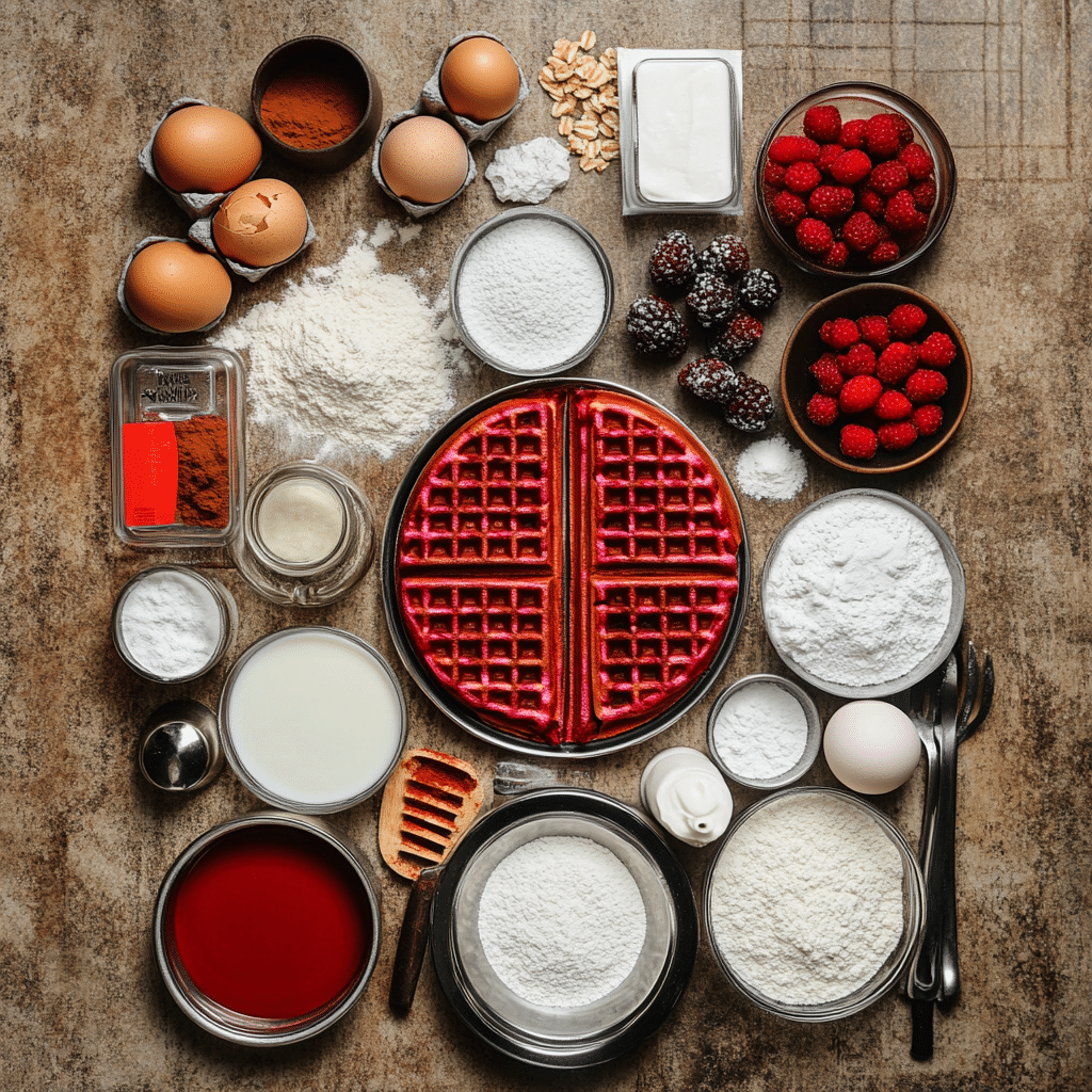 Flour, cocoa powder, eggs, and red food coloring for making red velvet waffles
