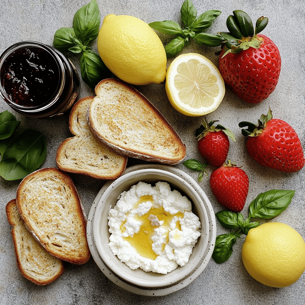 Ingredients for ricotta toast with strawberries including bread, ricotta, strawberries, honey, lemon, basil, and salt