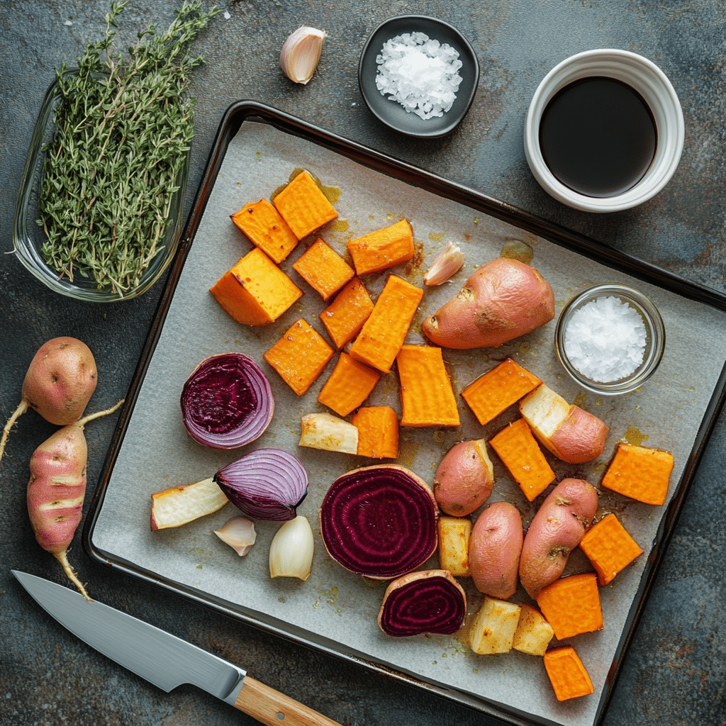 Ingredients for roasted root vegetables including carrots parsnips sweet potatoes beets onion and herbs