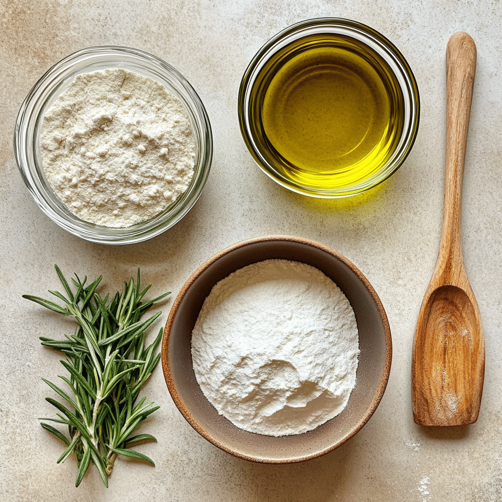 Ingredients for rosemary sourdough bread including rosemary, flour, sourdough starter, and olive oil