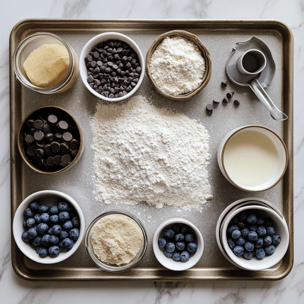 Ingredients for sheet pan pancakes including flour, eggs, milk, butter, vanilla, and blueberries