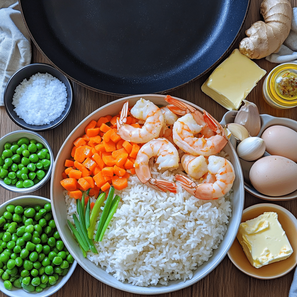 Ingredients for shrimp fried rice including rice shrimp eggs vegetables and sauces