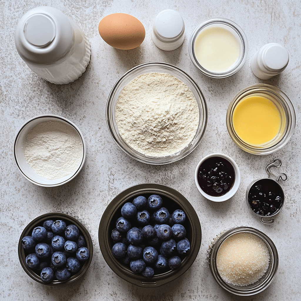Ingredients for sourdough blueberry muffins including sourdough discard, flour, eggs, milk, and blueberries