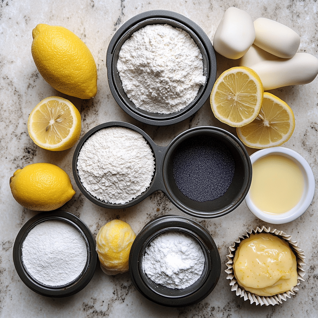 Ingredients for sourdough lemon poppy seed muffins including lemons, poppy seeds, flour, and sourdough discard