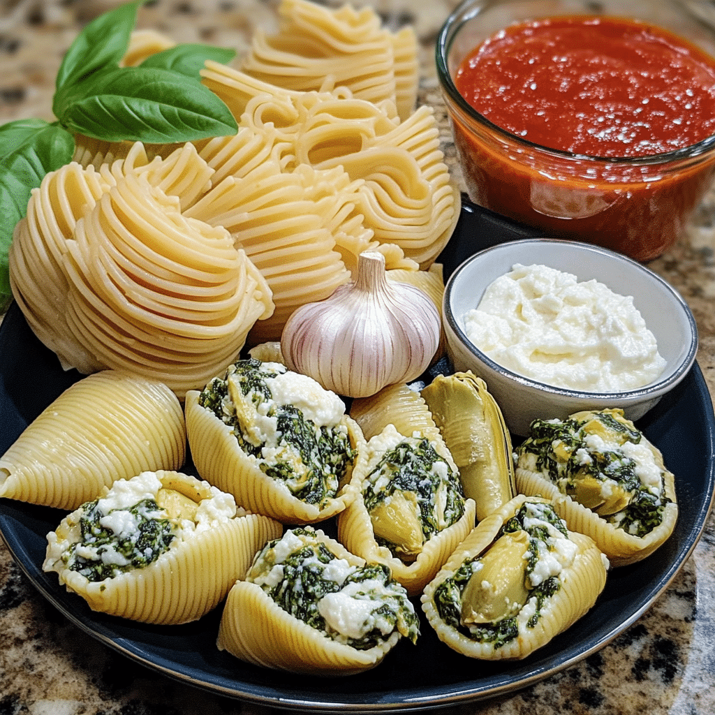 Ingredients laid out for spinach artichoke stuffed shells