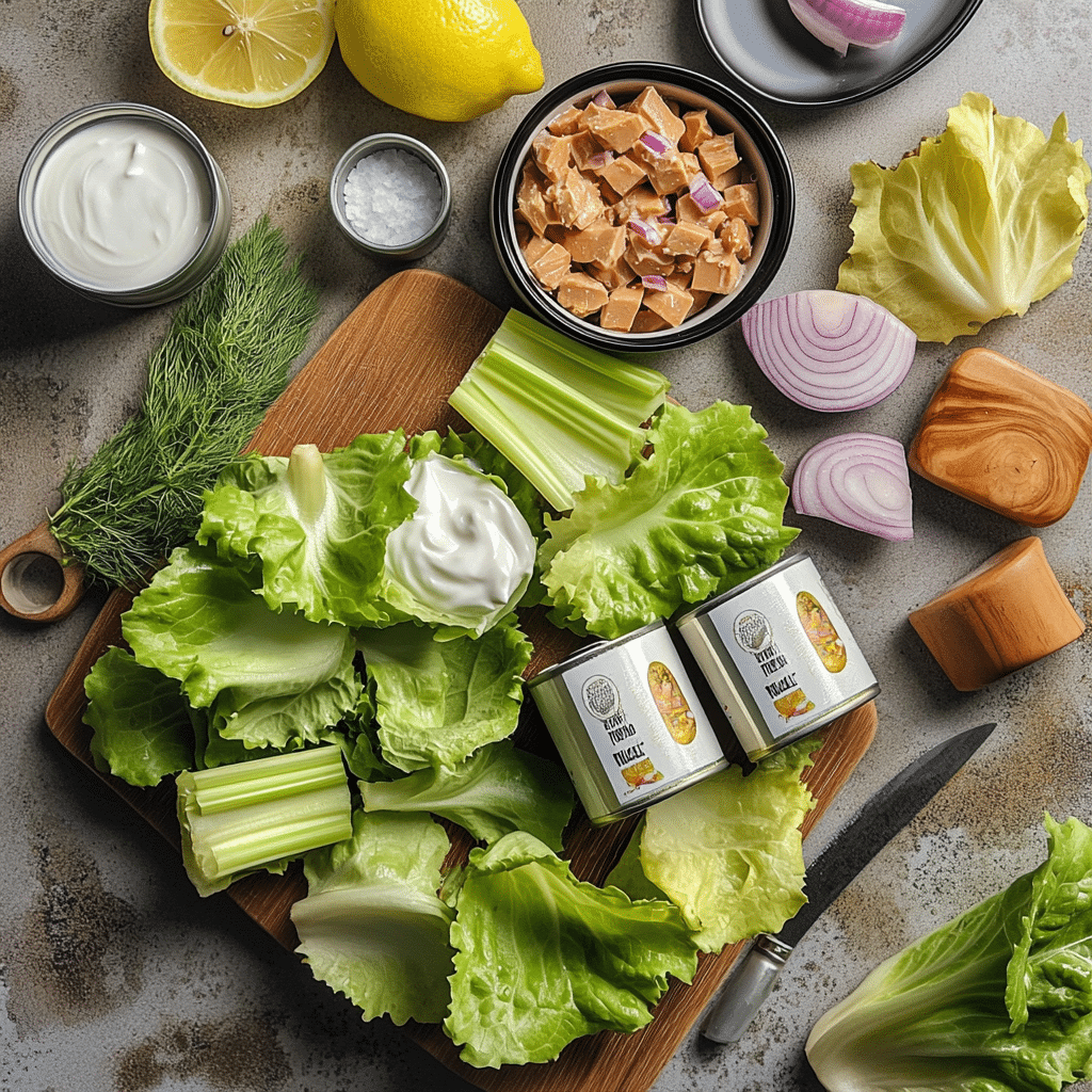 Ingredients for tuna salad lettuce wraps including tuna mayo yogurt celery and lettuce