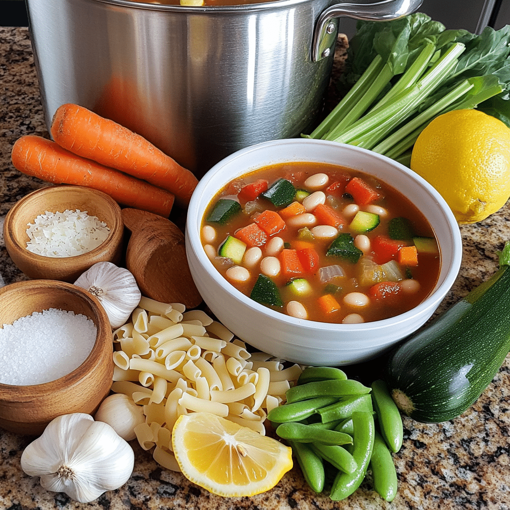 Ingredients for vegetarian minestrone soup including vegetables beans pasta tomatoes and broth