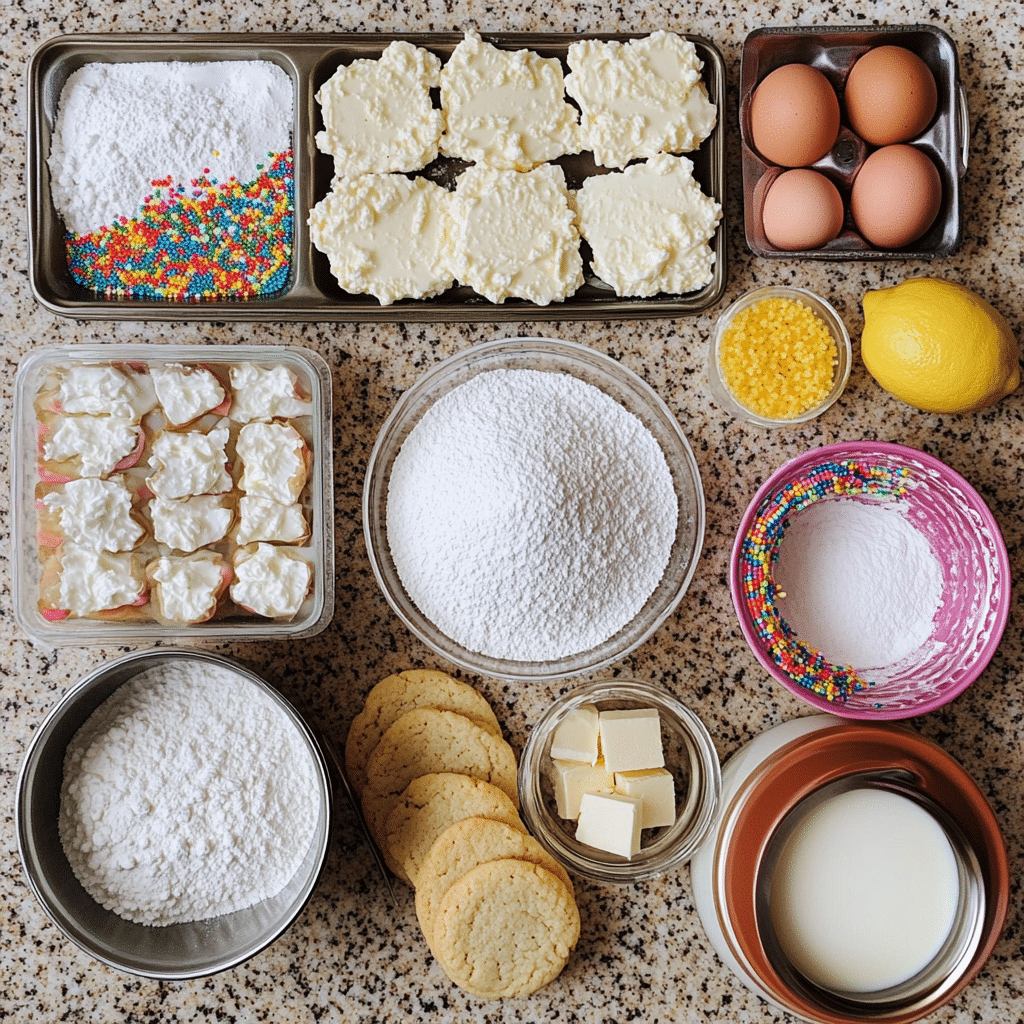Overhead ingredients for Italian ricotta cookies including ricotta, flour, butter, sugar, eggs, lemon zest, and glaze ingredients